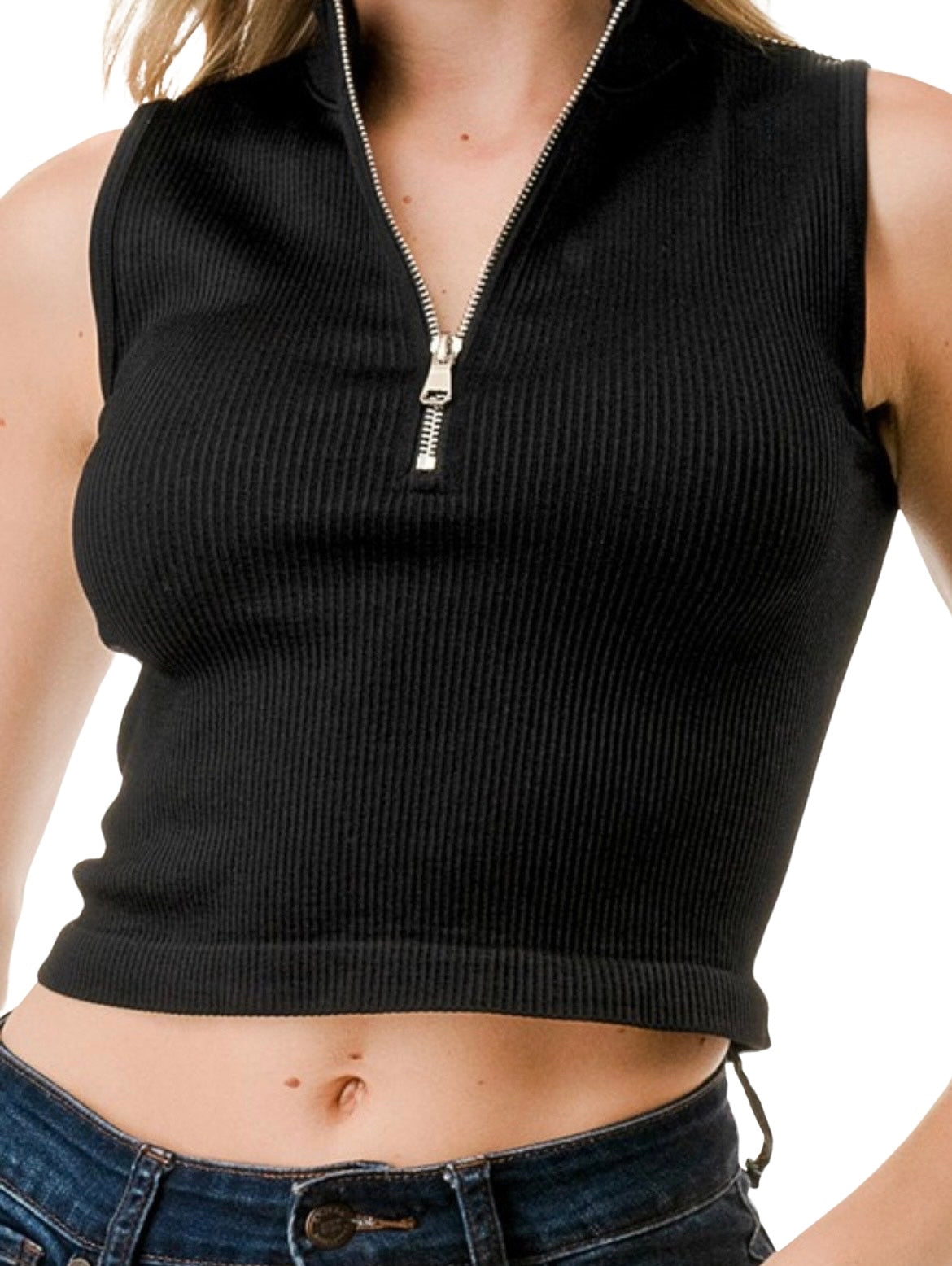 Black Half Zip Mock Neck Crop Top