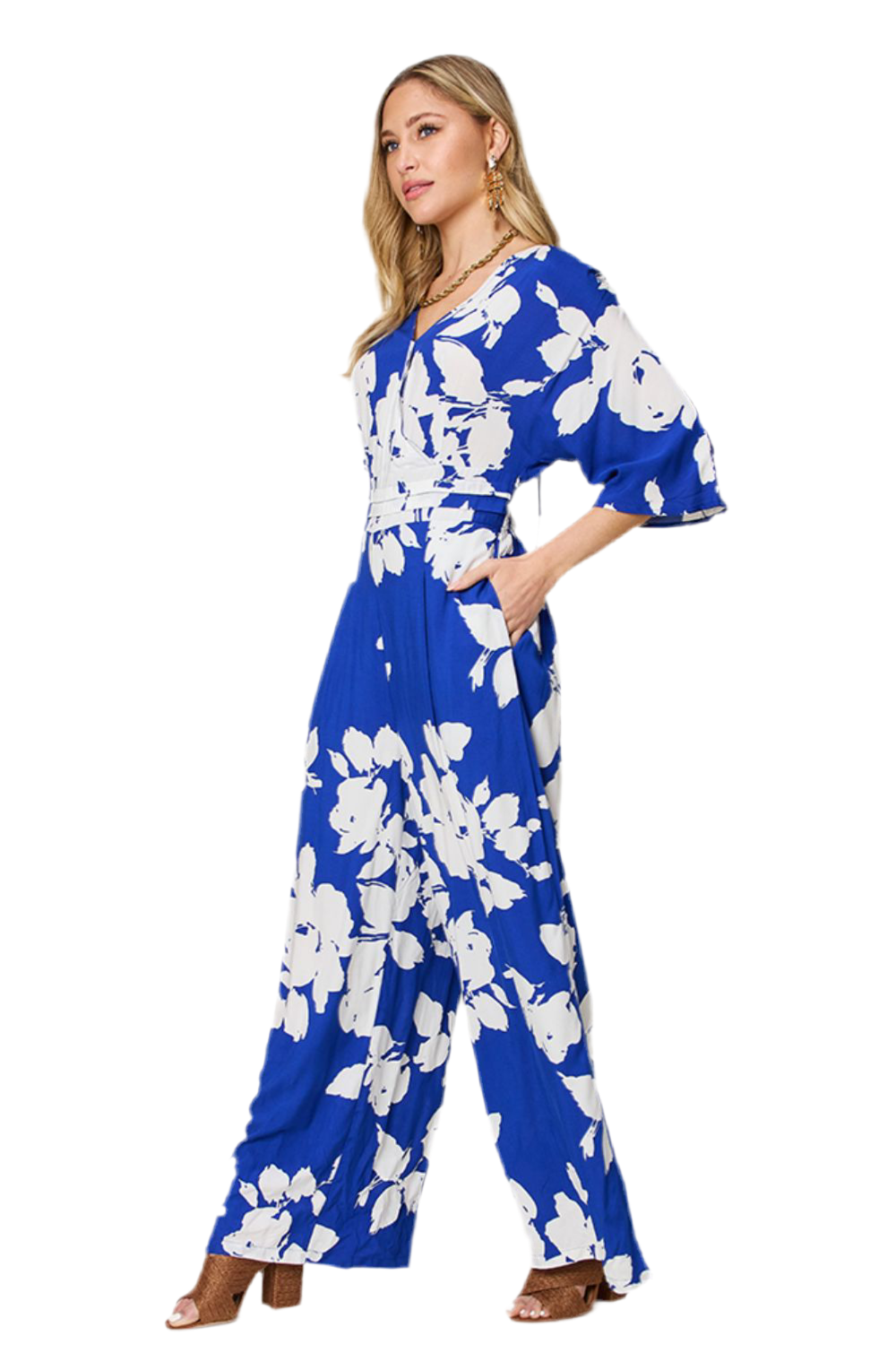 Double Take Full Size Printed Tie Back Wide Leg Jumpsuit