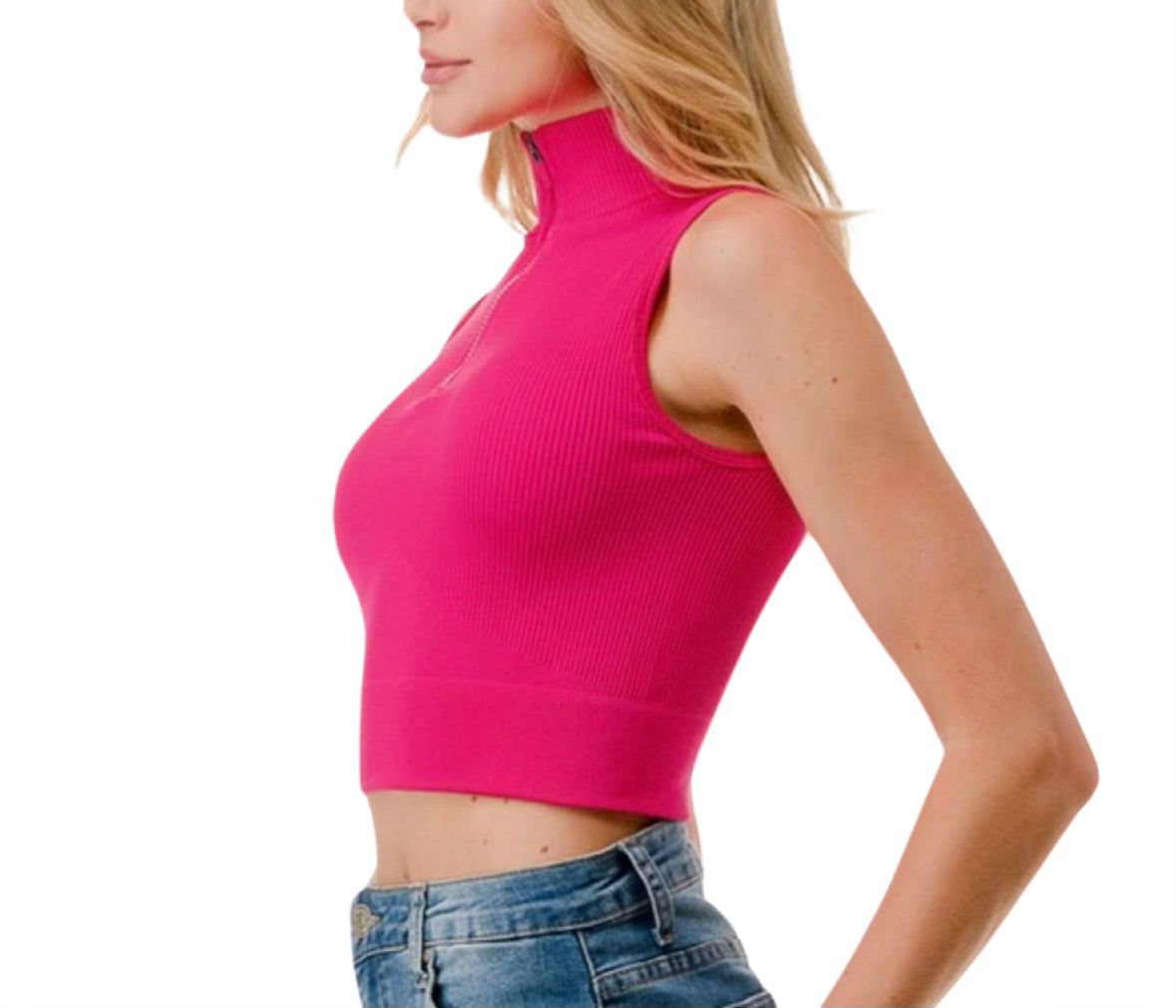 Fuchsia Half Zip Mock Neck Crop Top
