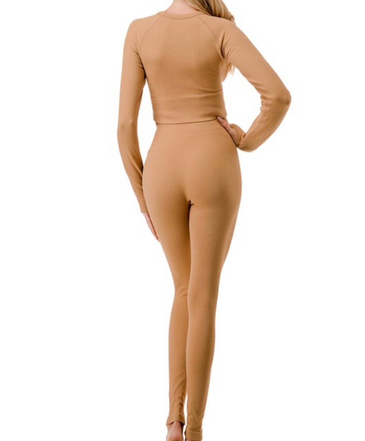 Nude Textured Long Sleeve Crop Top Set