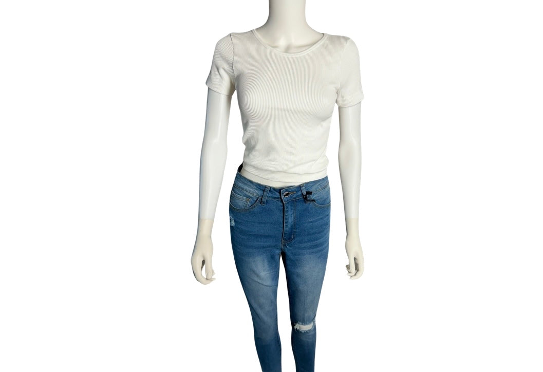 White Seamless Ribbed Short Sleeve Top