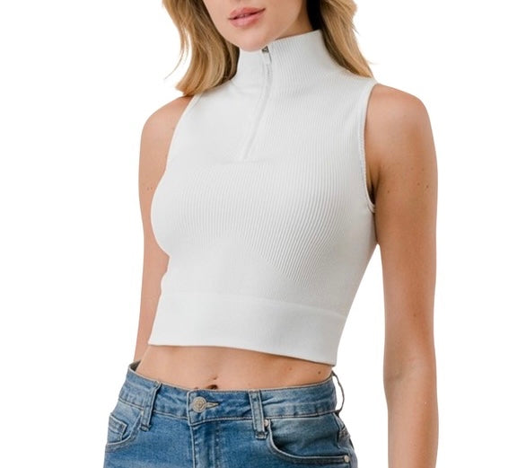 White Half Zip Mock Neck Crop Top