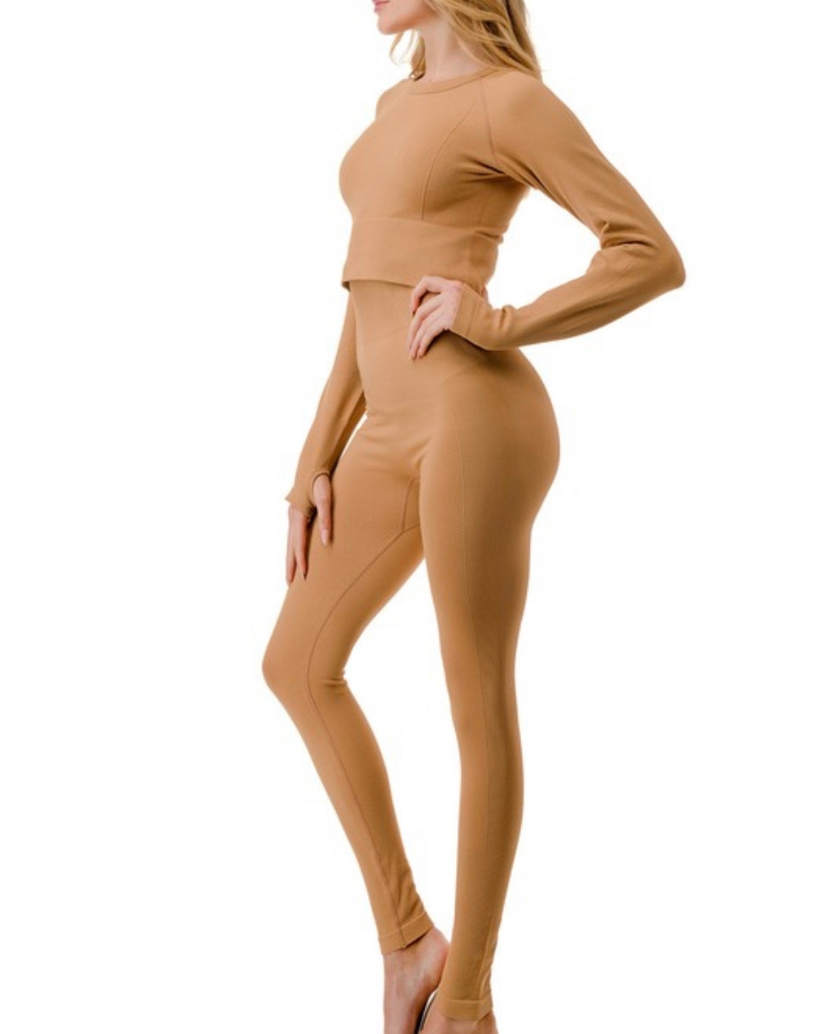 Nude Textured Long Sleeve Crop Top Set