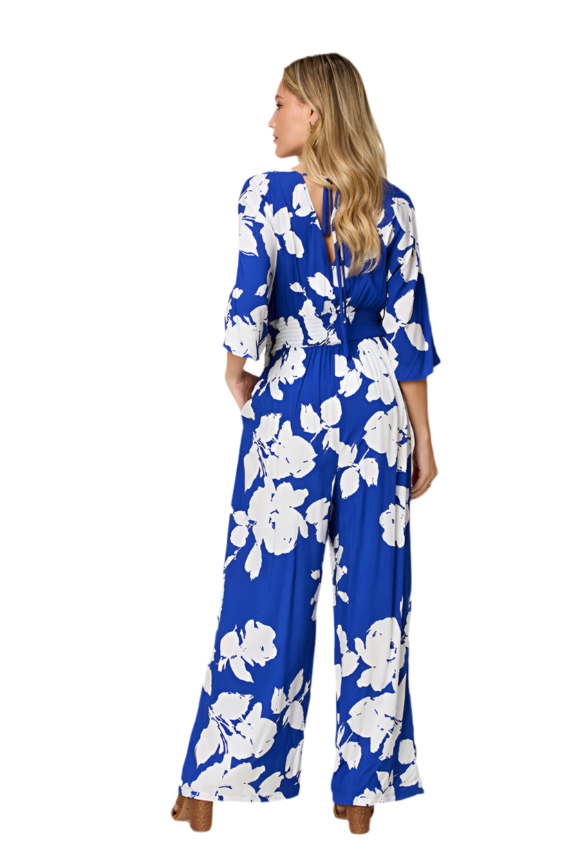 Double Take Full Size Printed Tie Back Wide Leg Jumpsuit
