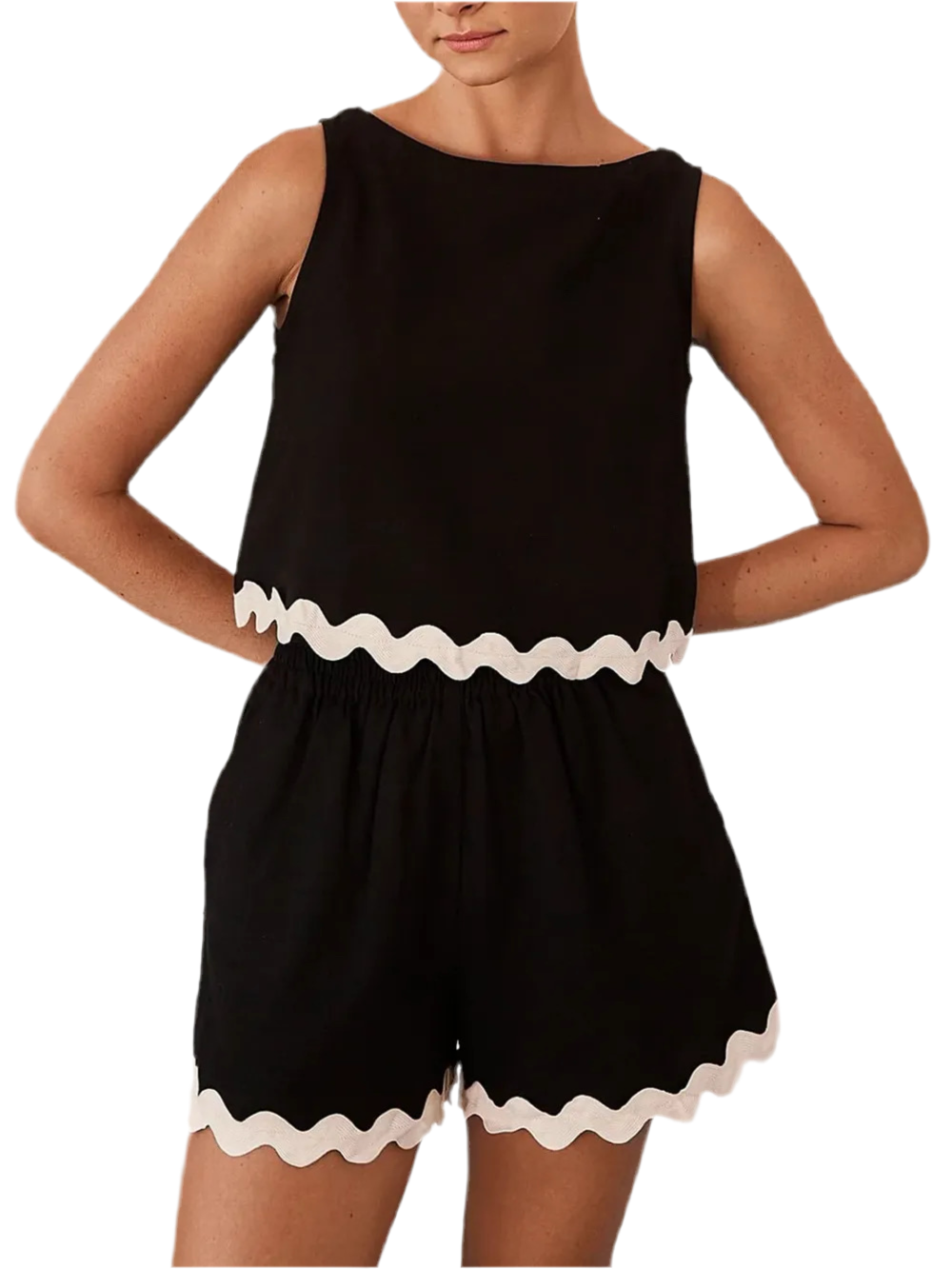 Contrast Trim Round Neck Top and Shorts Set