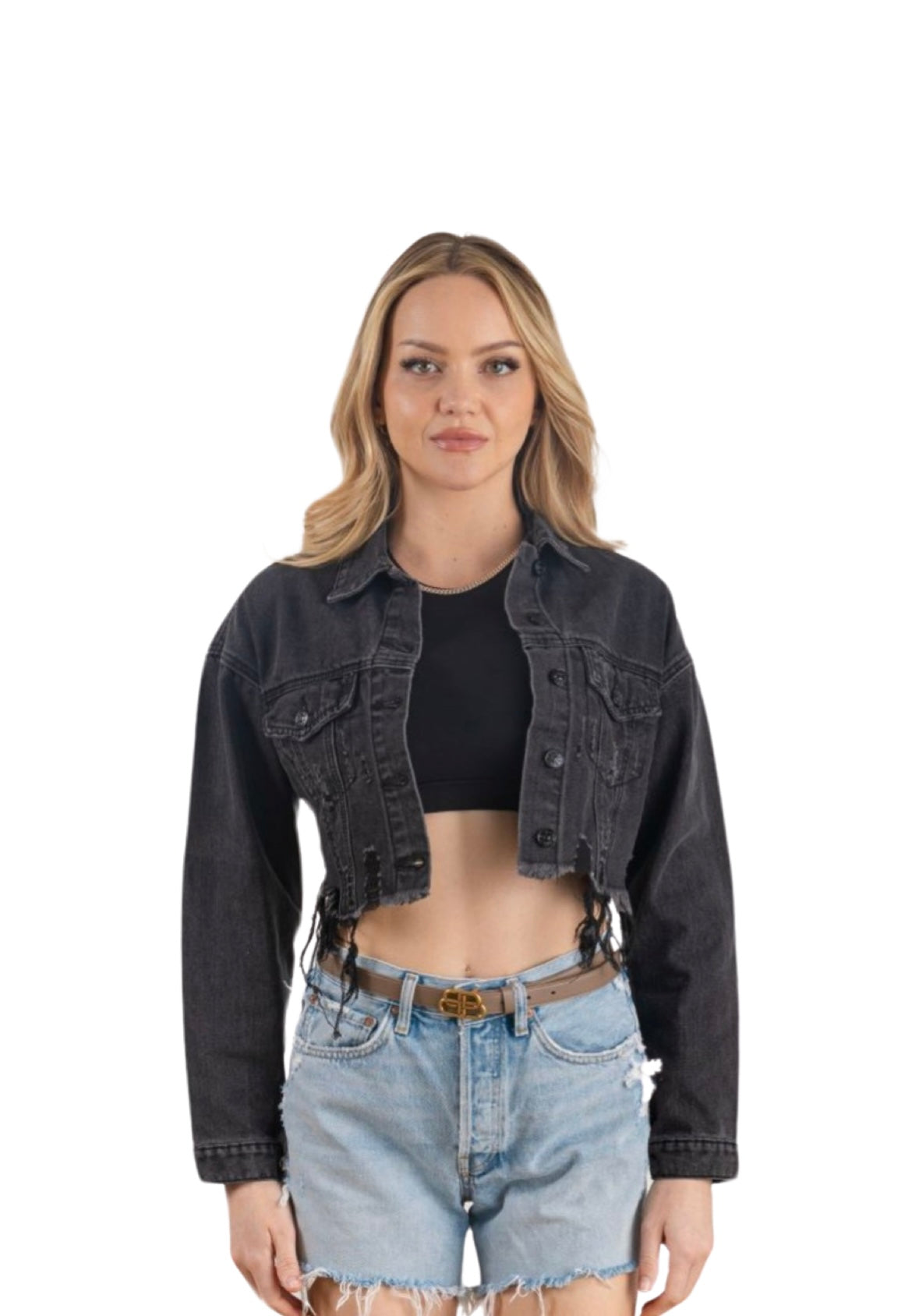 Take It Easy Teddy Cropped Black Denim Jacket