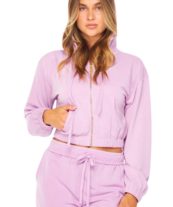 Lilac French Terry Cropped Zip-Up Hoodie Jogger Set