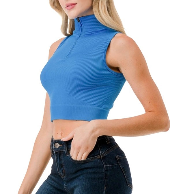 Royal Blue Half Zip Mock Neck Crop Top