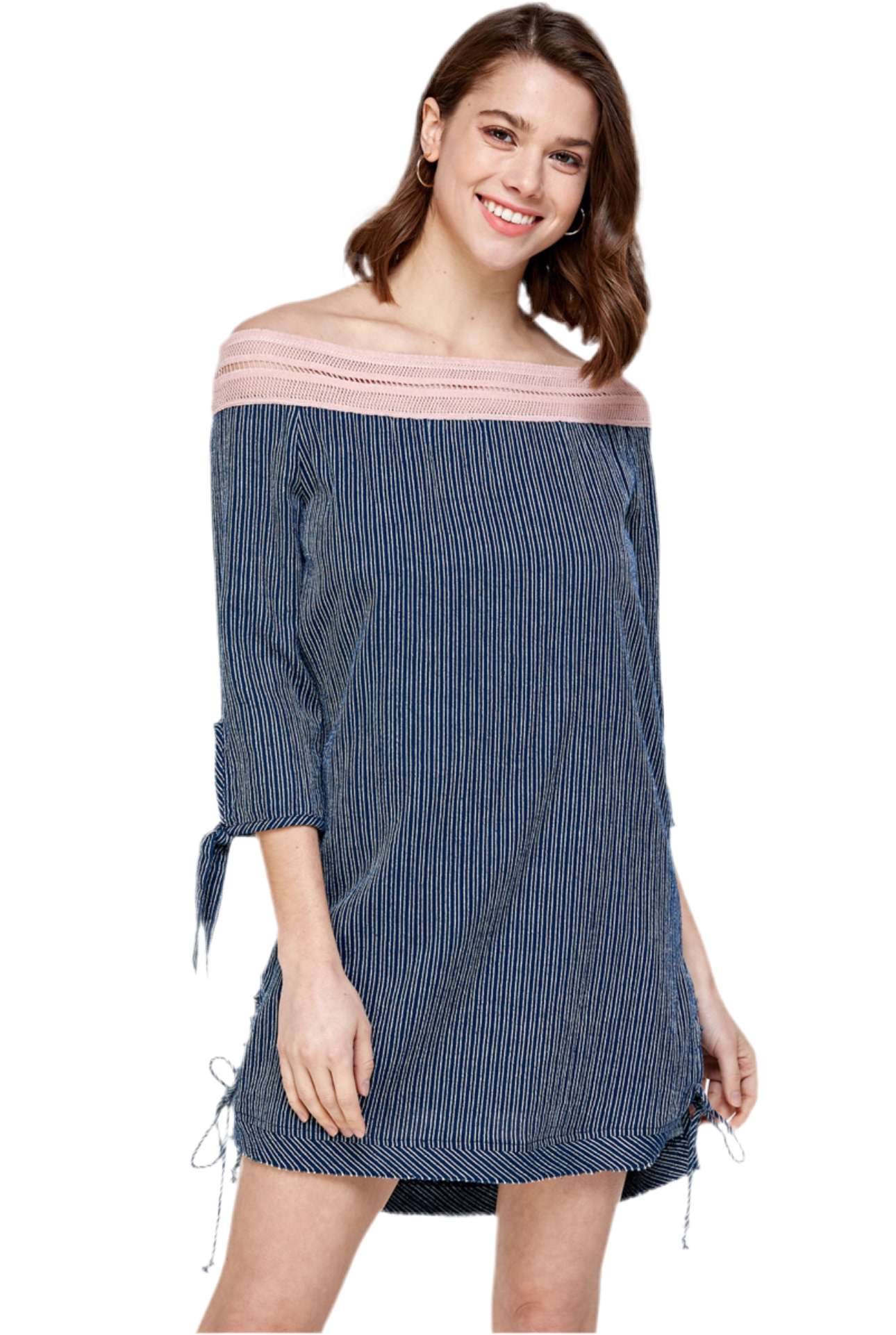 A Navy Blue Striped Off The Shoulder Dress