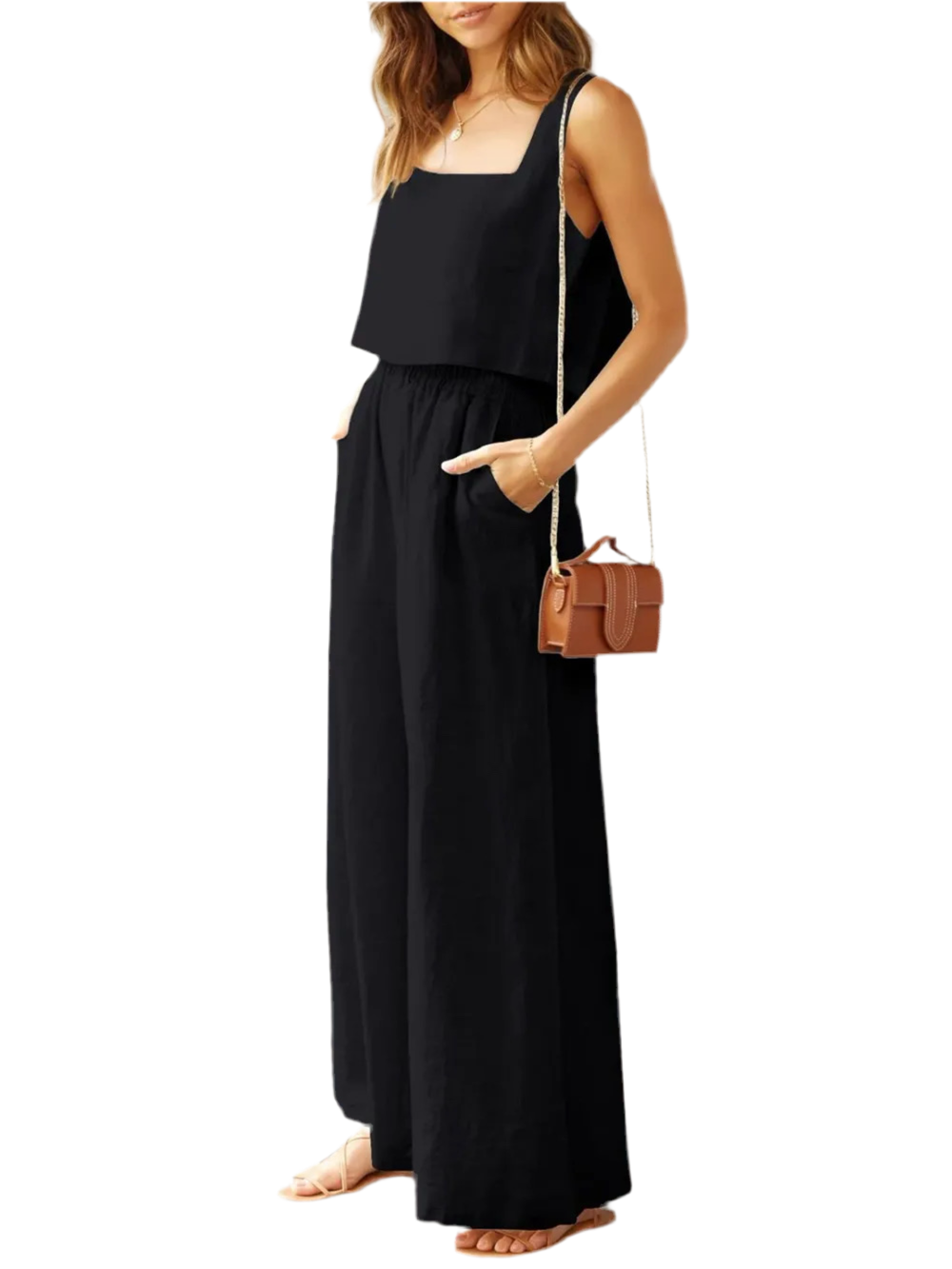 Square Neck Top and Wide Leg Pants Set In Black