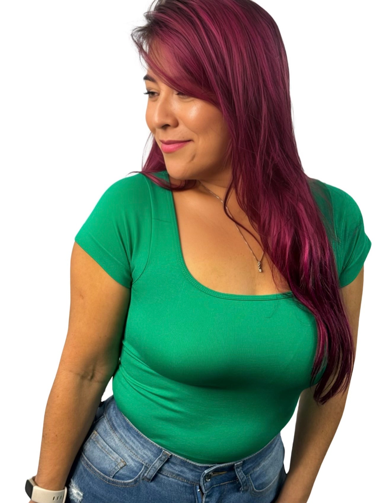 Green Square Neck Short Sleeve Top