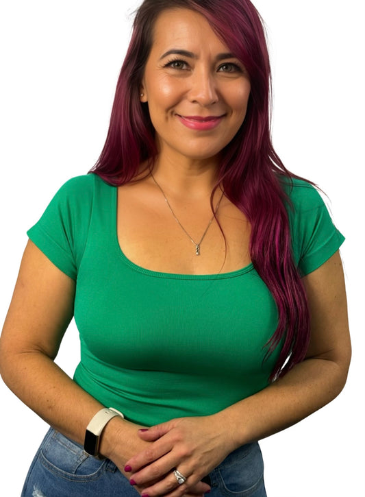 Green Square Neck Short Sleeve Top