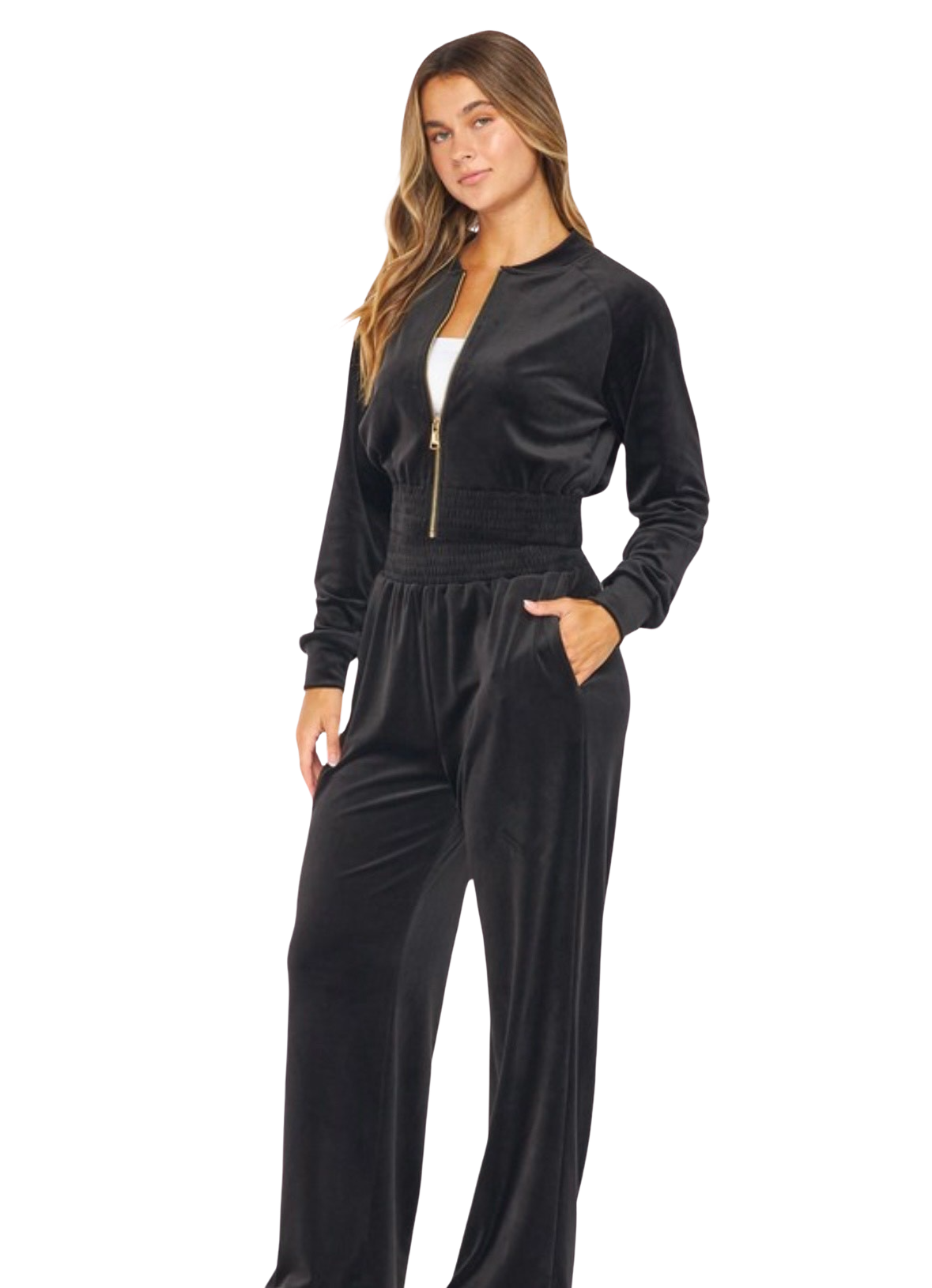 Black Velour Bomber Jacket and Wide Leg Pants Set