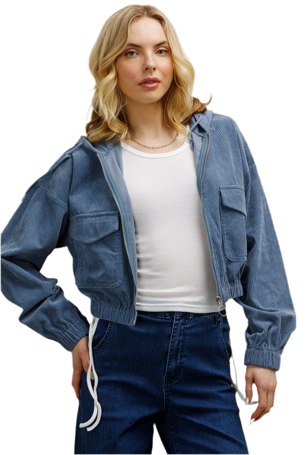 A Blue Corduroy Cropped Jacket