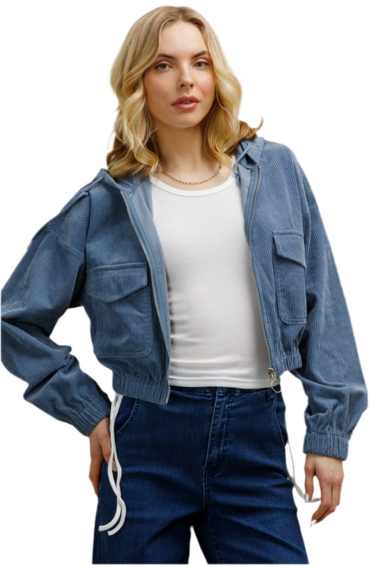 A Blue Corduroy Cropped Jacket