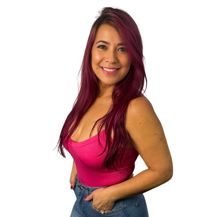 Pink Ribbed V Neck Cami Bodysuit