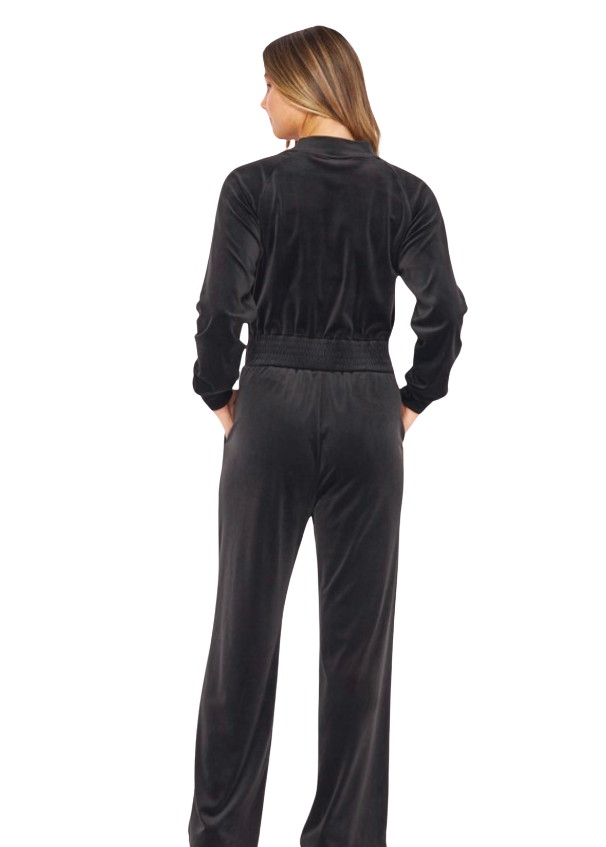 Black Velour Bomber Jacket and Wide Leg Pants Set