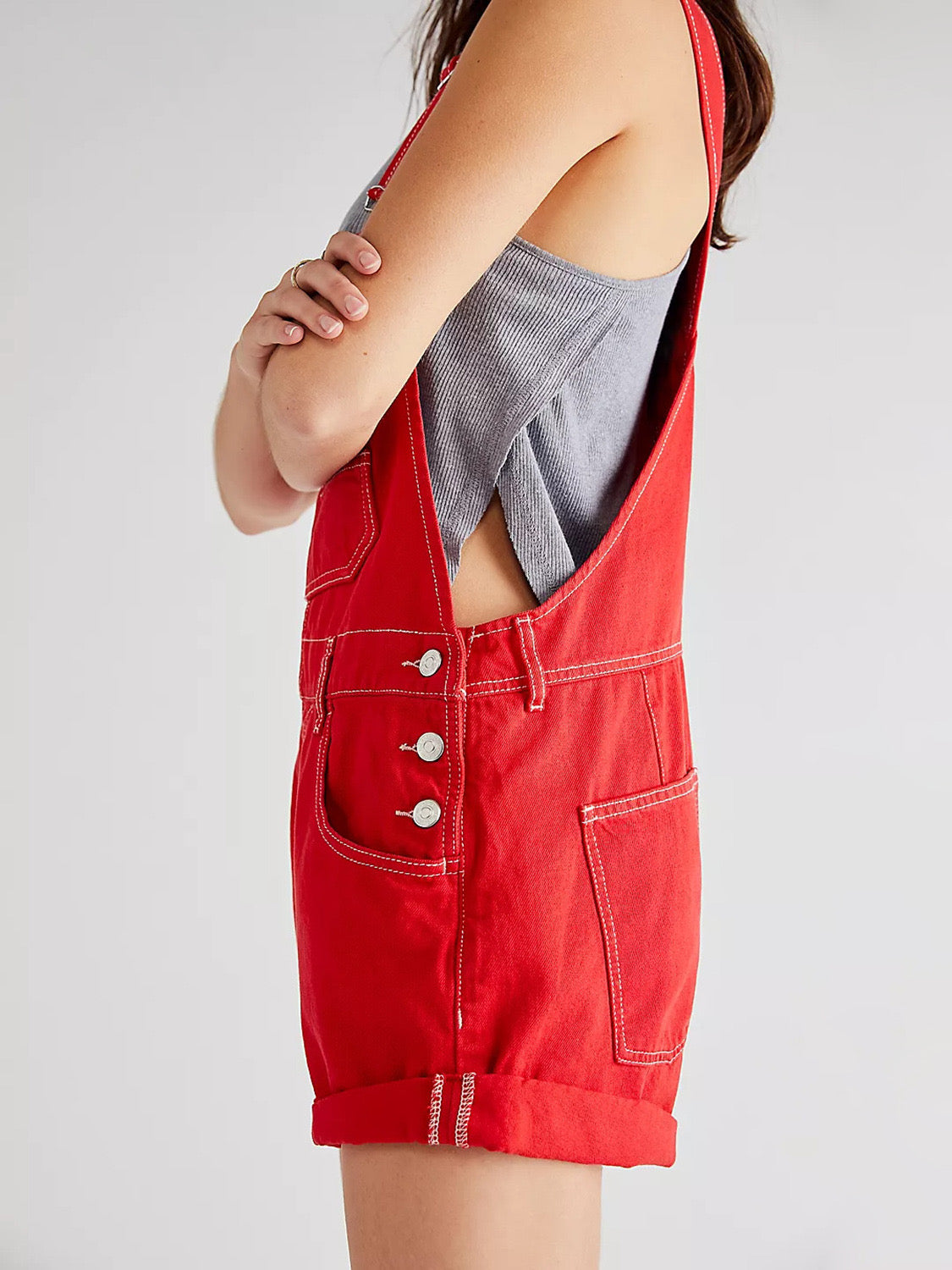 A Cherry Red Denim Short Overalls