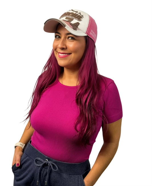 Magenta Seamless Ribbed Short Sleeve Top