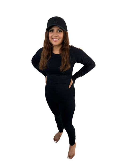 Black Textured Long Sleeve Crop Top Set