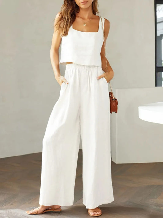 Square Neck Top and Wide Leg Pants Set In White