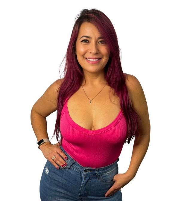 Pink Ribbed V Neck Cami Bodysuit