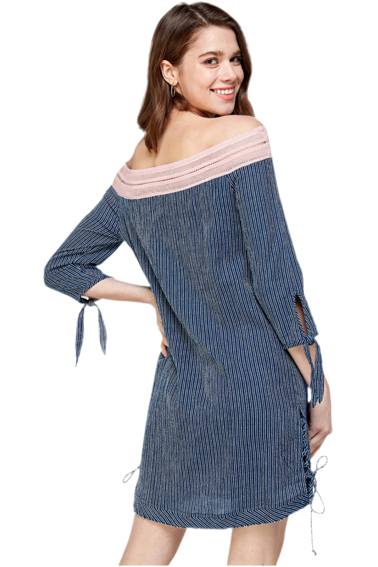 Navy Blue Striped Off The Shoulder Dress