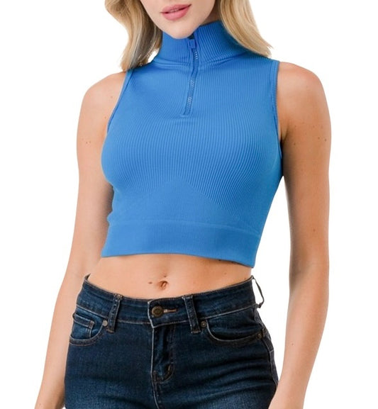Royal Blue Half Zip Mock Neck Crop Top