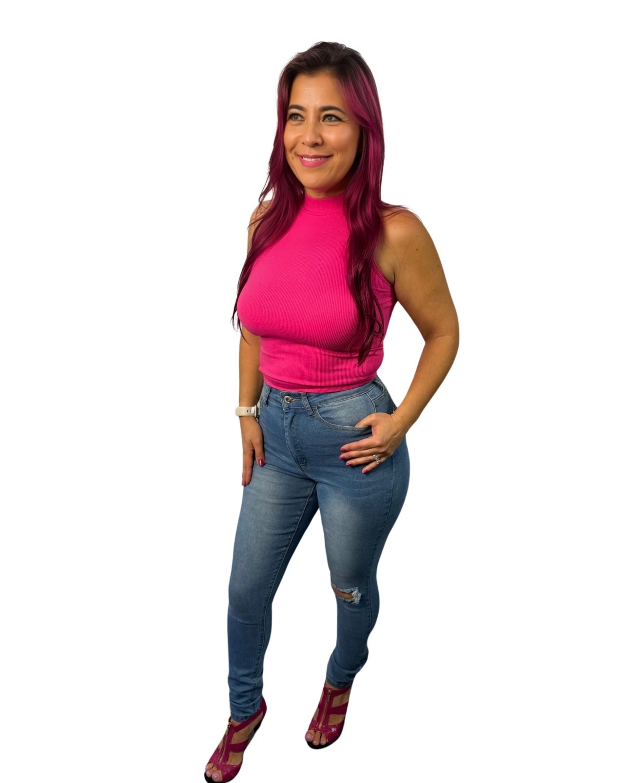 Fuchsia Ribbed Mock Neck Top