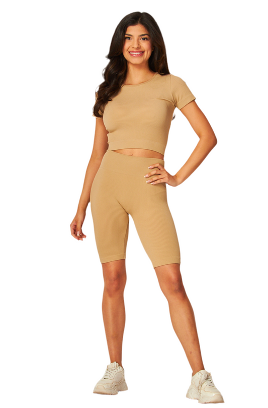 Khaki Ribbed Short Sleeve Crop and Biker Shorts Set