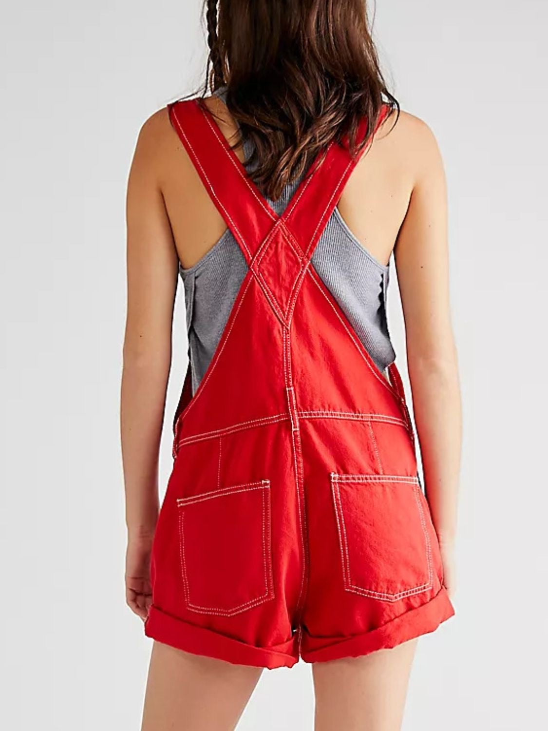 A Cherry Red Denim Short Overalls