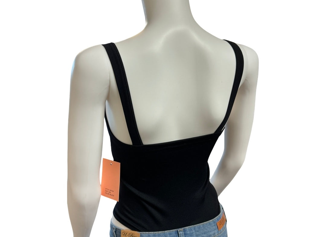 Black Ribbed V Neck Cami Bodysuit