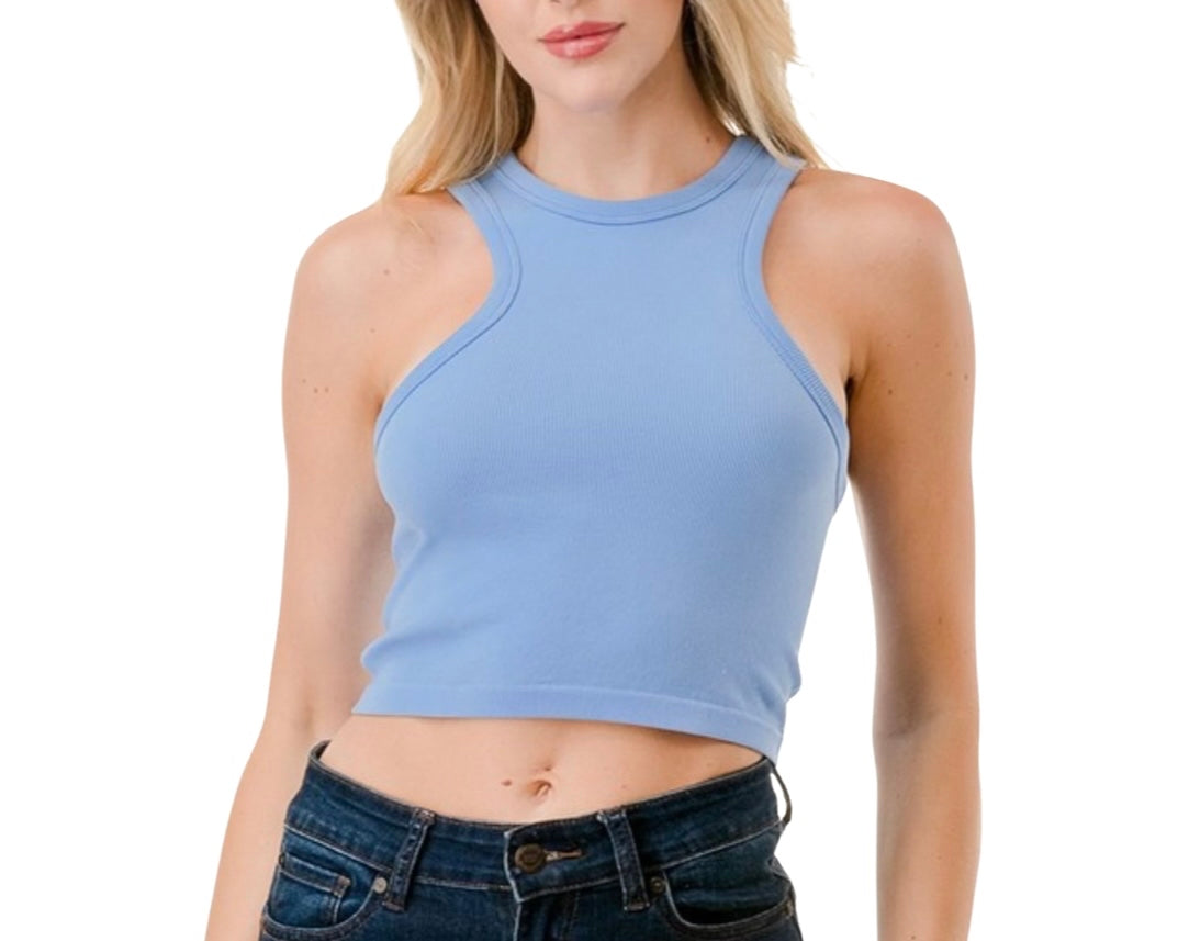 Baby Blue Ribbed Racer Back Cropped Top