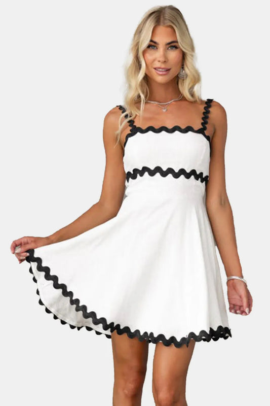 Contrast Trim Square Neck Mini Dress In White