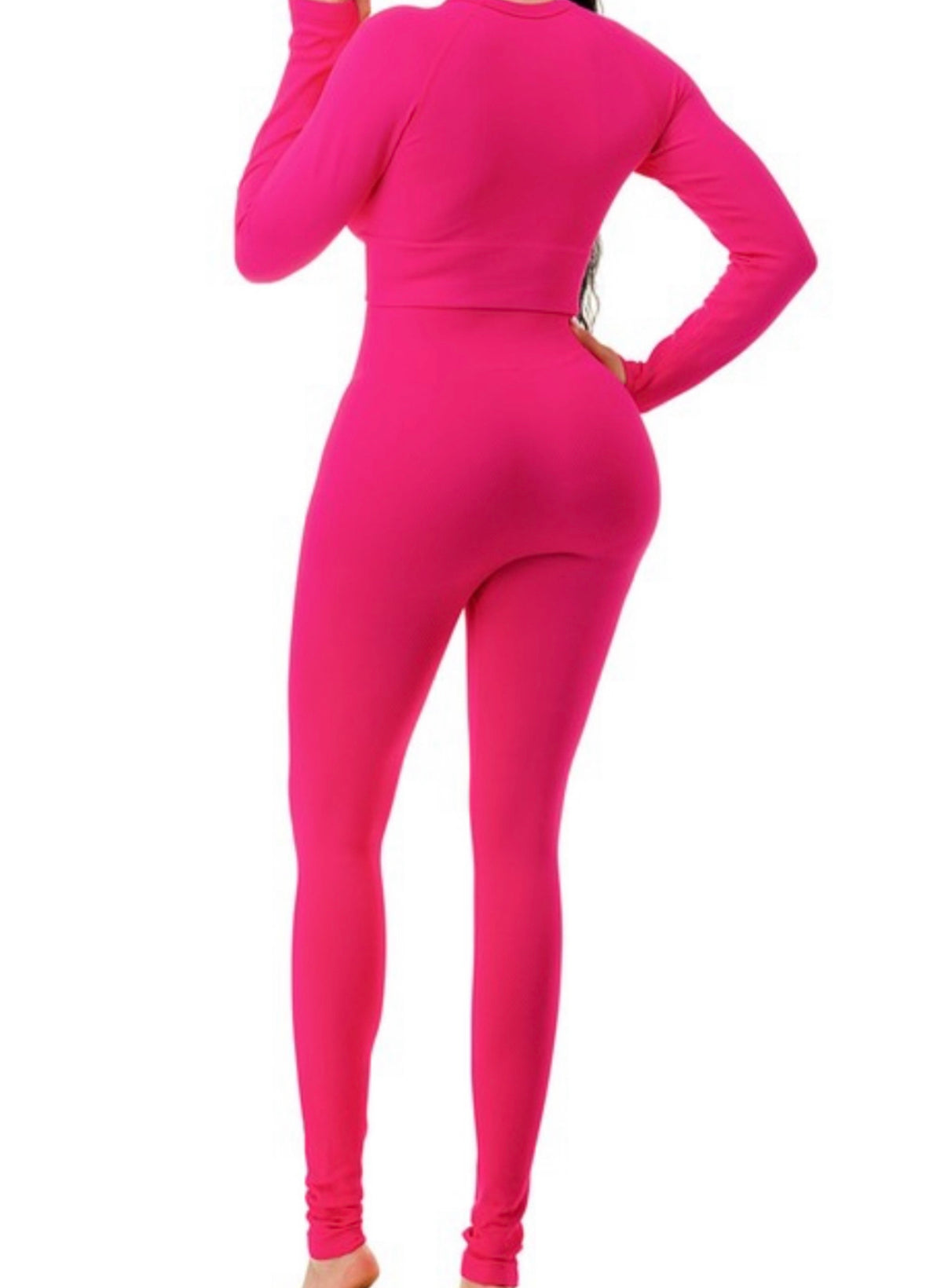 Fuchsia Textured Long Sleeve Crop Top Set