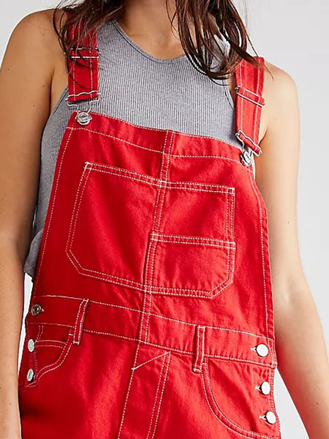 A Cherry Red Denim Short Overalls