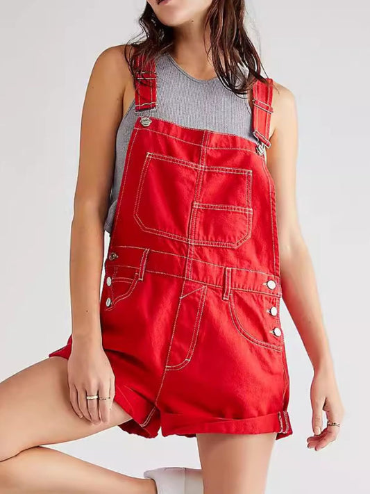 A Cherry Red Denim Short Overalls