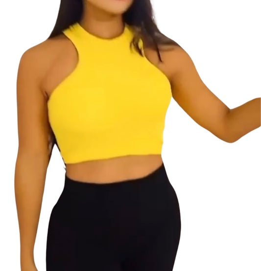 Yellow Ribbed Racer Back Cropped Top