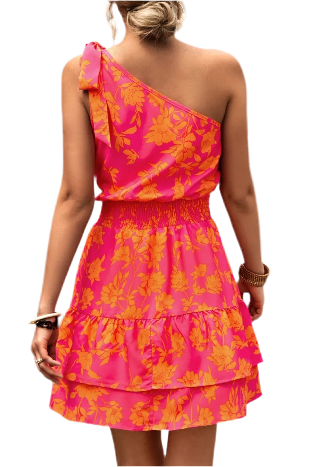 Tied Smocked Printed Single Shoulder Dress