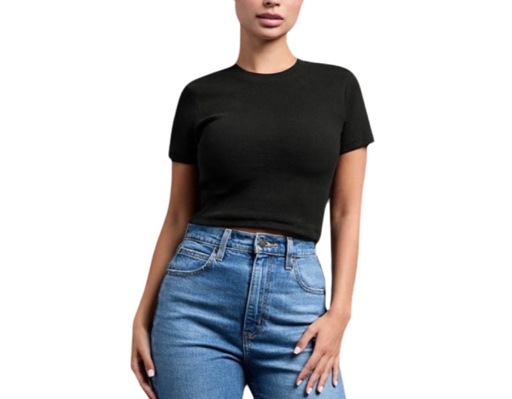 Black Seamless Ribbed Short Sleeve Top
