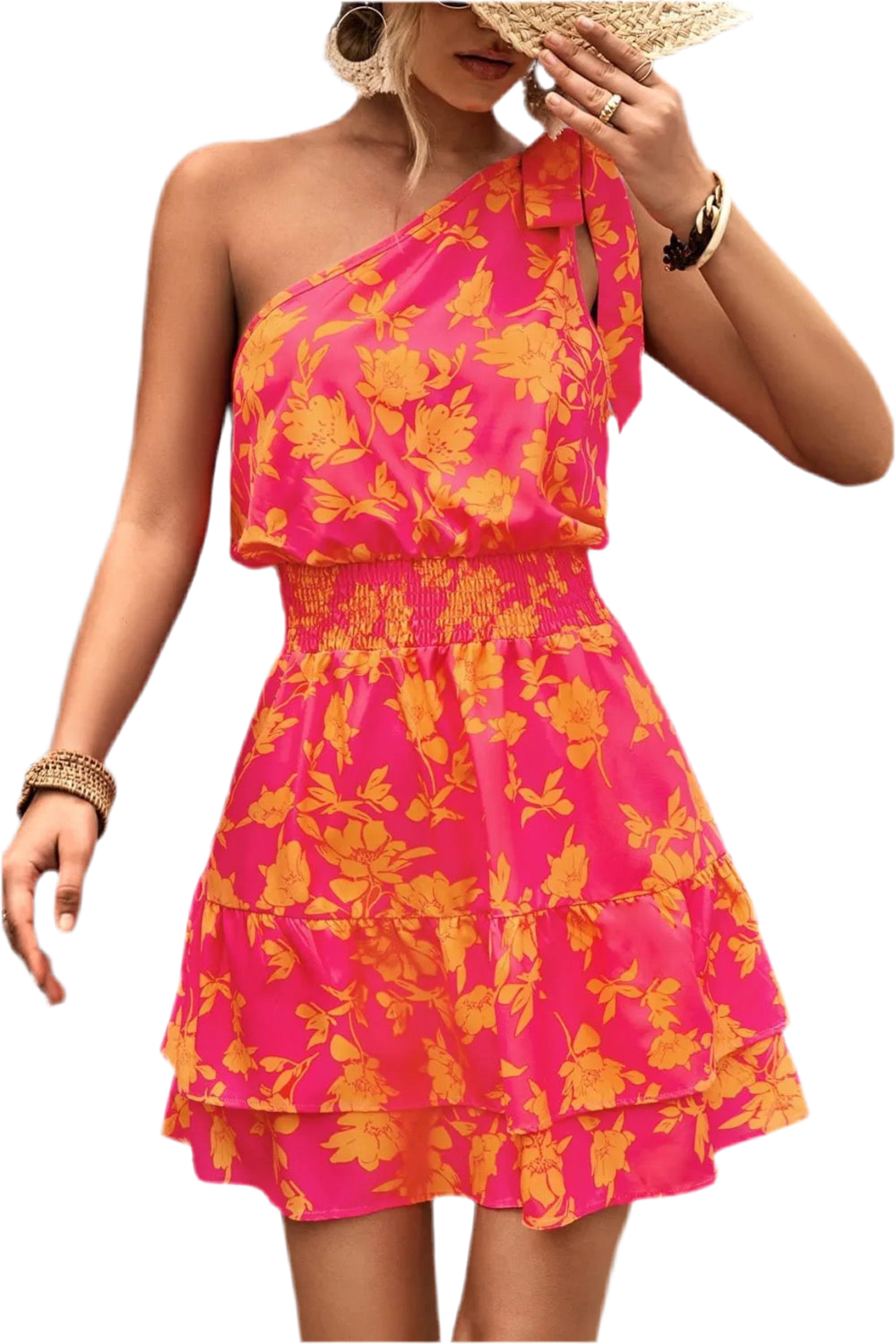 Tied Smocked Printed Single Shoulder Dress