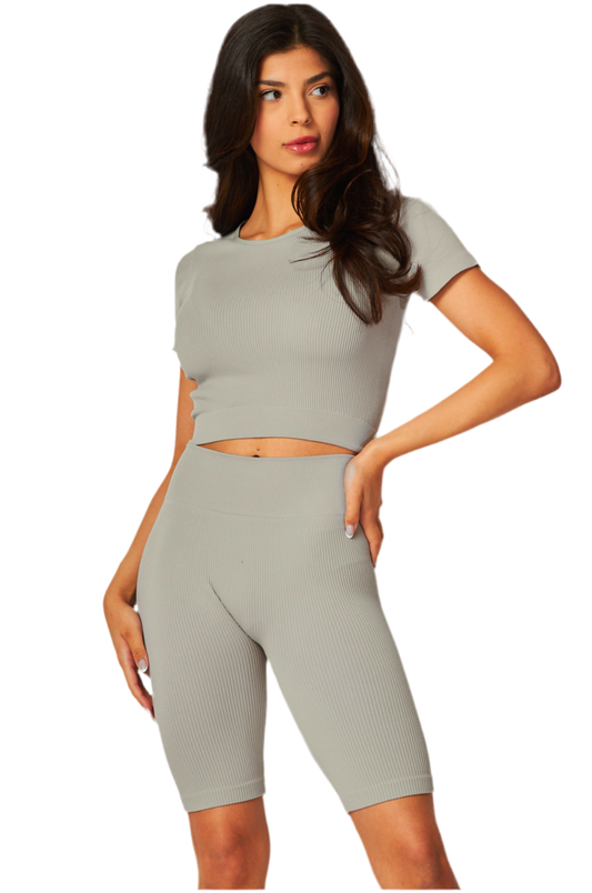 Light Grey Ribbed Short Sleeve Crop and Biker Shorts Set