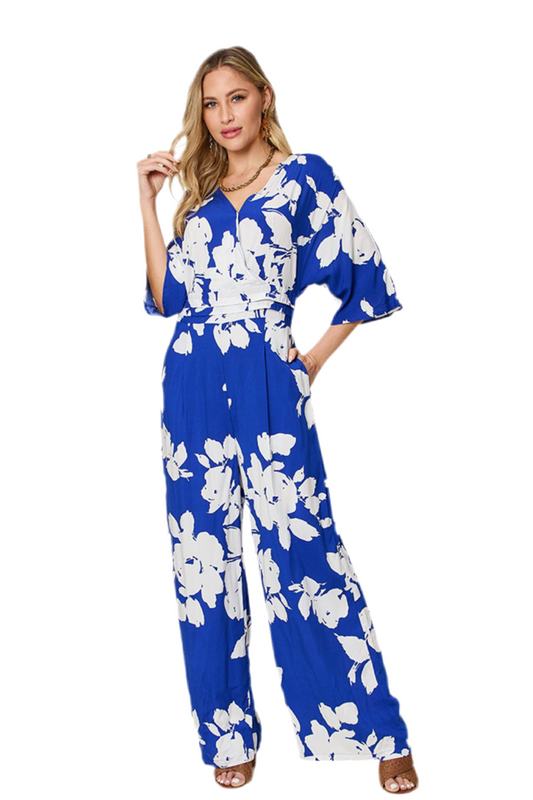 Double Take Full Size Printed Tie Back Wide Leg Jumpsuit