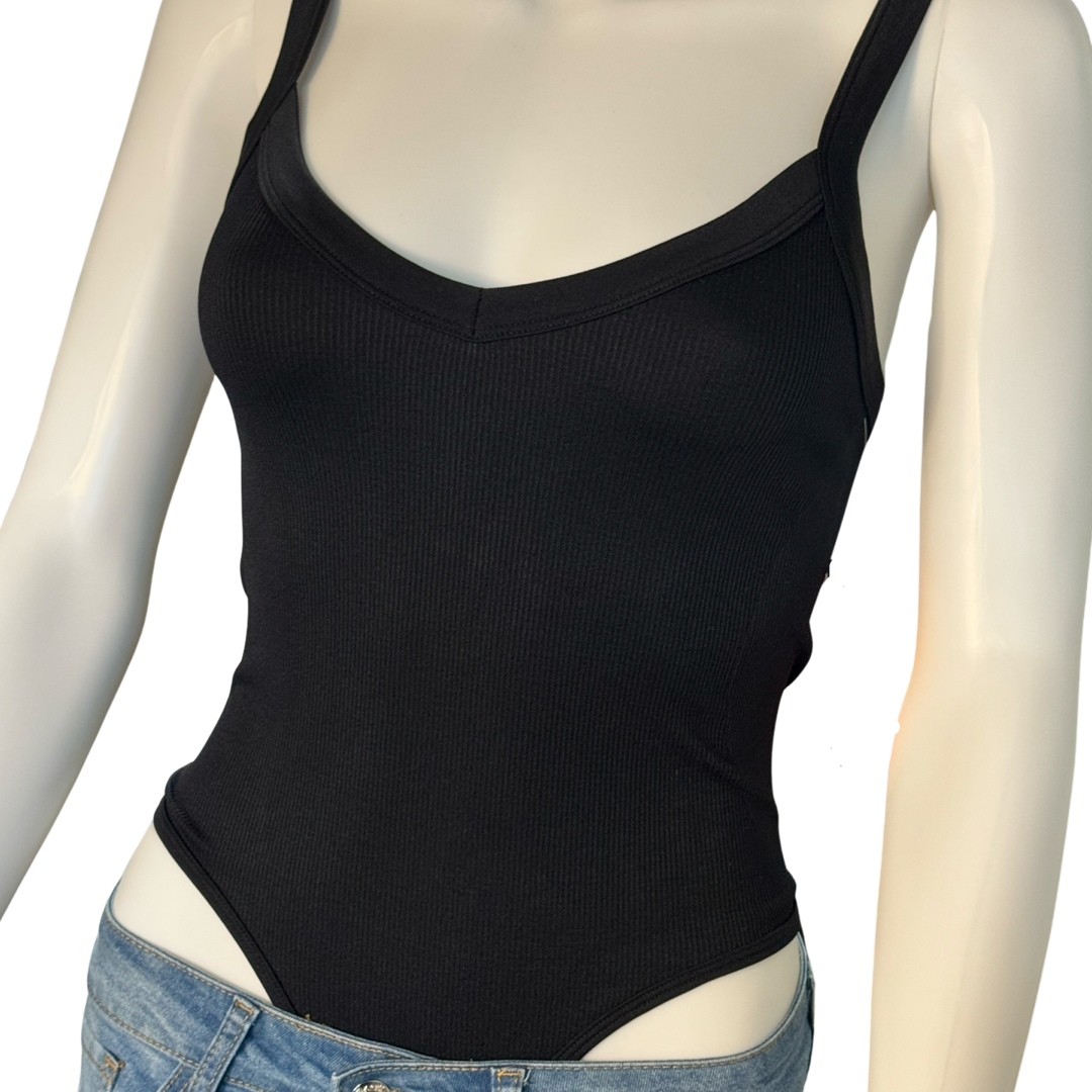 Black Ribbed V Neck Cami Bodysuit