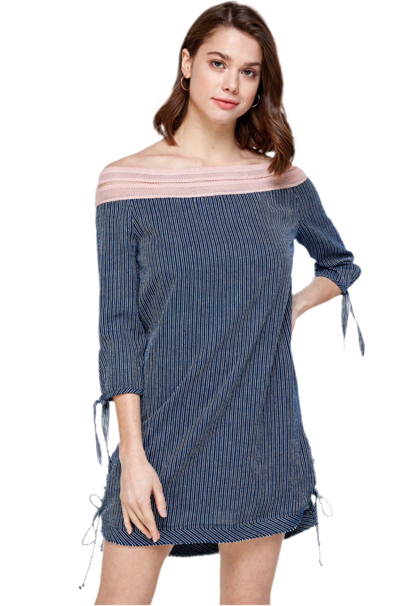 Navy Blue Striped Off The Shoulder Dress