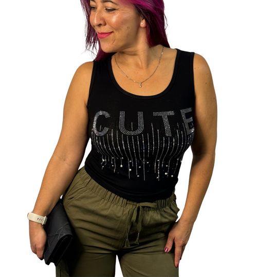 Rhinestone Tank Top - Black