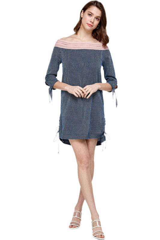 Navy Blue Striped Off The Shoulder Dress