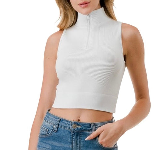 White Half Zip Mock Neck Crop Top