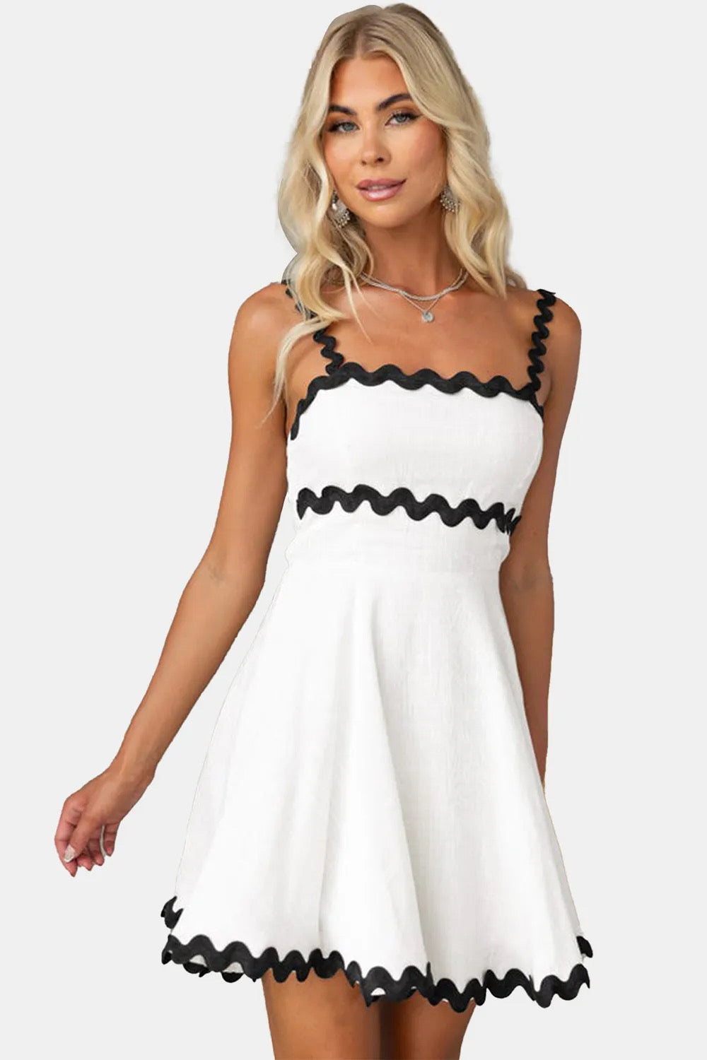 Contrast Trim Square Neck Mini Dress In White