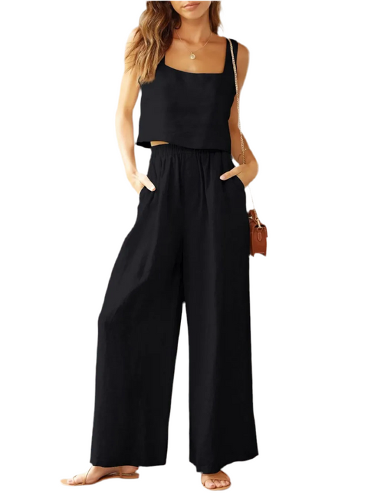 Square Neck Top and Wide Leg Pants Set In Black